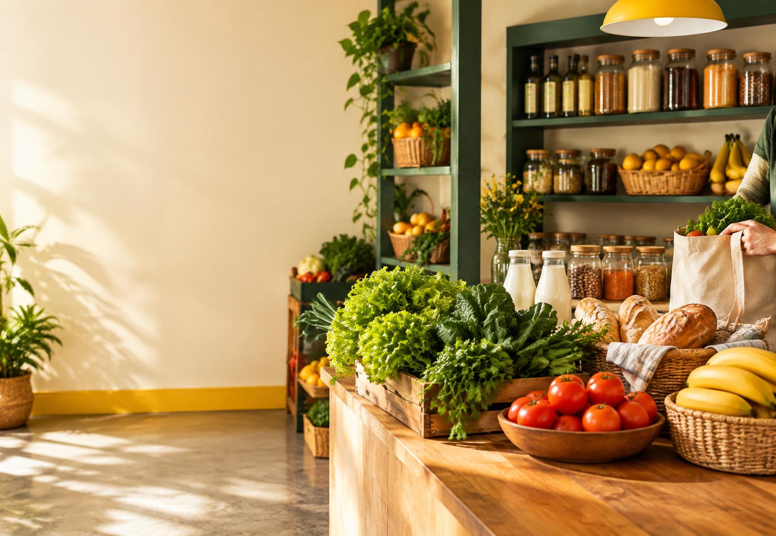 Balcão de mercearia com verduras, pães, frutas e itens de despensa